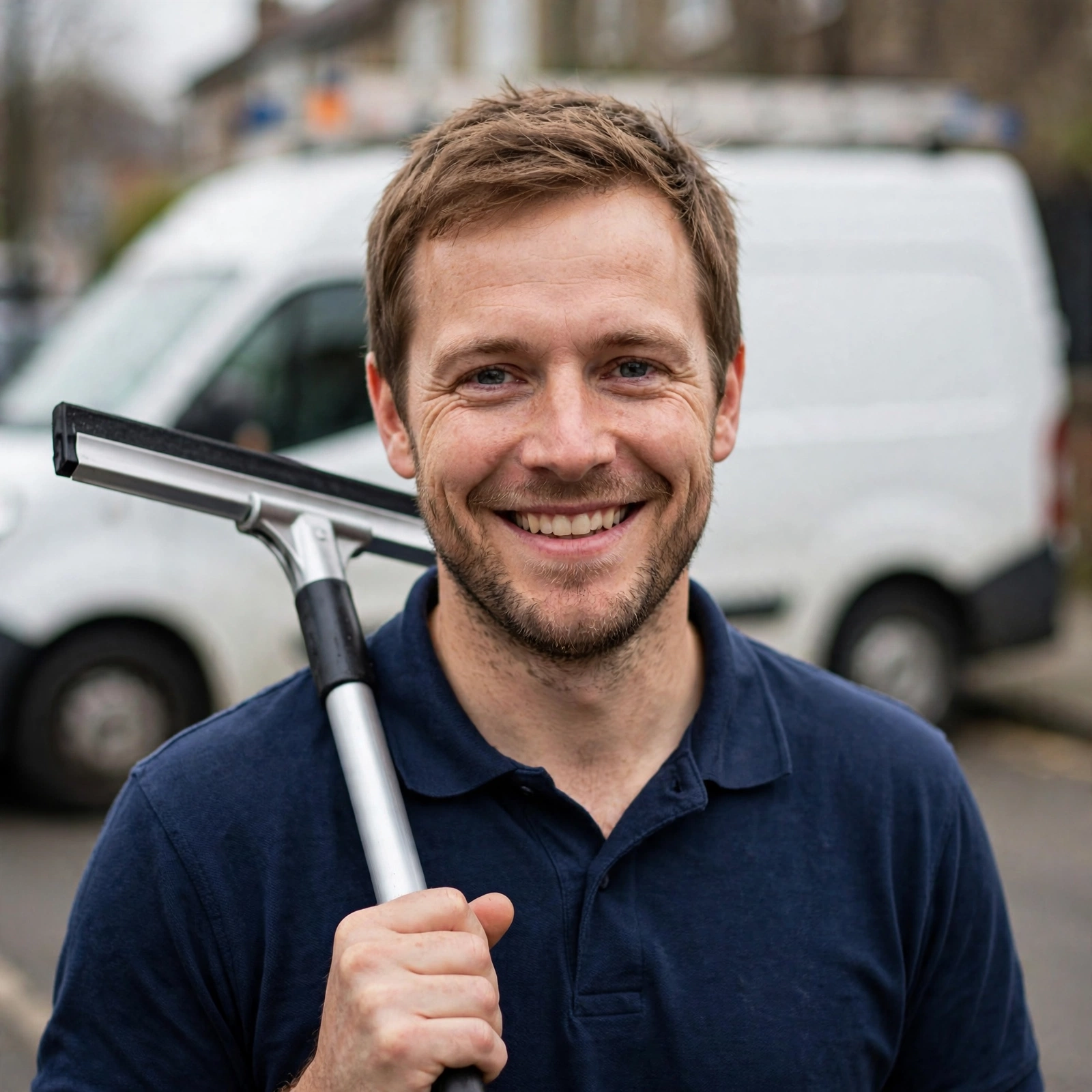 Maz owner of Clear View window cleaning sole trader portrait with squeegee