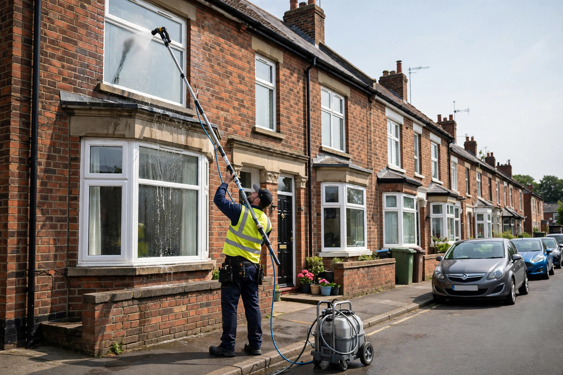 Window cleaner cleaning terraced house window in Cobridge Stoke-on-Trent with water fed pole